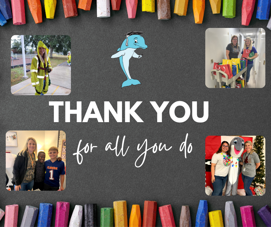 Graphic with a dark chalkboard background bordered on the top and bottom with colorful crayons. Large white text in the center reads, “THANK YOU for all you do.” An Avon Elementary dolphin mascot wearing a graduation cap appears above the text. Four photos surround the message: top left shows Mrs. Ogburn wearing a bright yellow rain jacket outside; top right shows Mrs. Ogburn and another staff member holding colorful gift bags in a hallway; bottom left shows Mrs. Ogburn smiling with two students; bottom right shows Mrs. Ogburn and another staff member posing with a dolphin mascot in front of a holiday backdrop.
