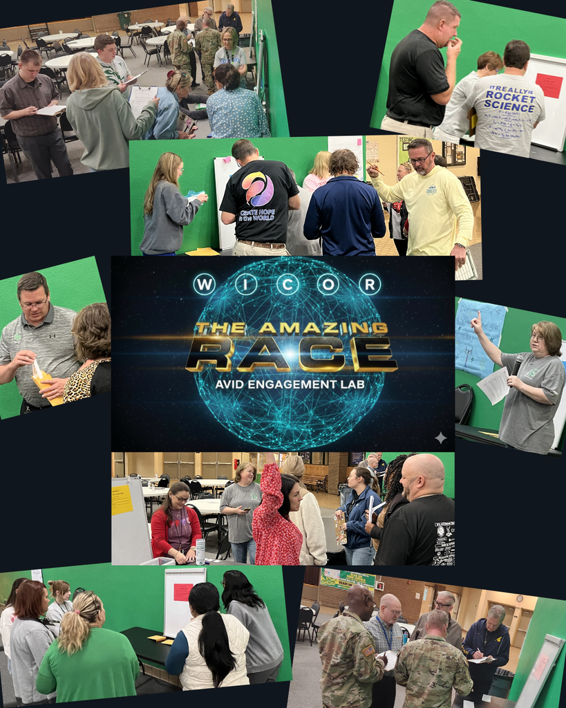 Collage of photos showing educators and staff participating in an interactive team-building activity in a school cafeteria, working in small groups at stations with clipboards, whiteboards, and task materials. A central graphic reads “WICOR: The Amazing Race — AVID Engagement Lab,” indicating a collaborative AVID professional learning event.