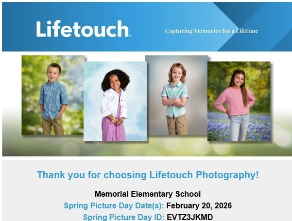 Lifetouch Photography promotional graphic for Memorial Elementary School Spring Picture Day. The top banner reads “Lifetouch – Capturing Memories for a Lifetime.” Below are four smiling elementary-age children posing for school photos. Text at the bottom reads: “Thank you for choosing Lifetouch Photography. Memorial Elementary School. Spring Picture Day Date(s): February 20, 2026. Spring Picture Day ID: EVT3JKMD.