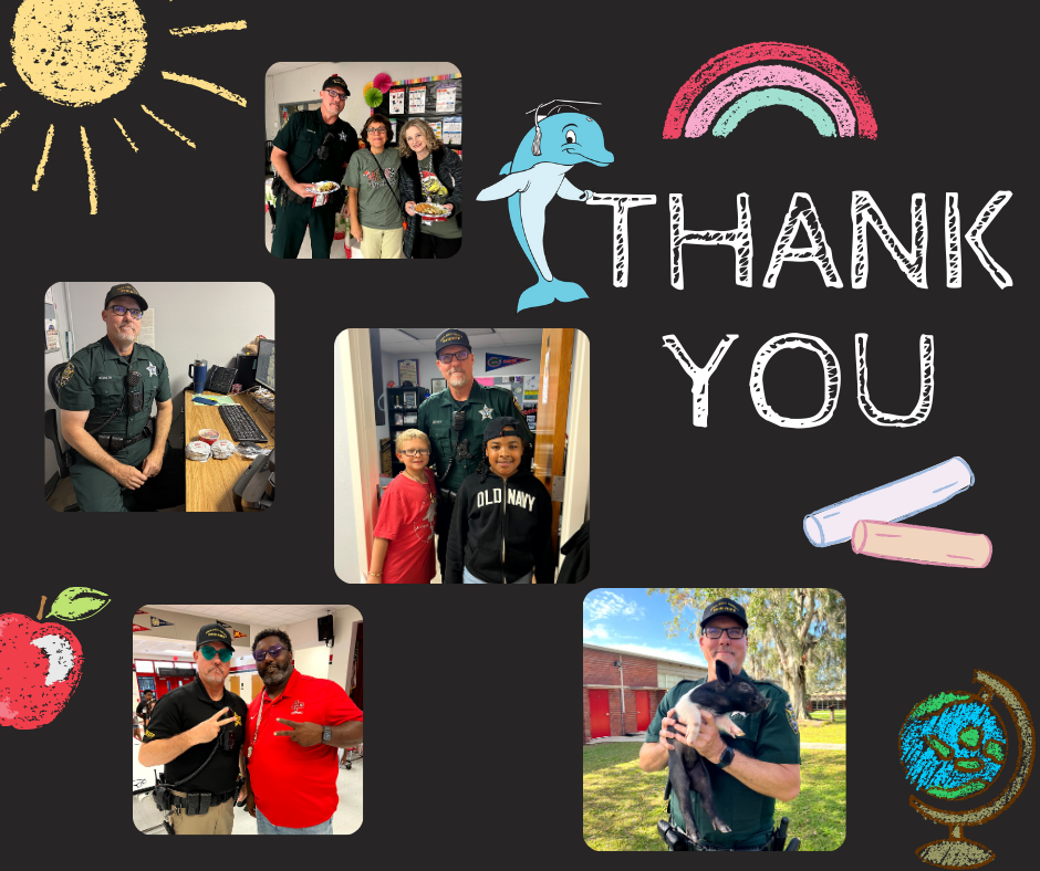 Collage on a black background with school-themed drawings including a sun, rainbow, chalk, apple, globe, and a dolphin next to the words “THANK YOU.” The collage features multiple photos of a uniformed school resource officer interacting with students and staff at a school. In the photos, the officer is pictured sitting at a desk, standing with students in a classroom and hallway, posing with a staff member, and holding a small black pig outdoors.