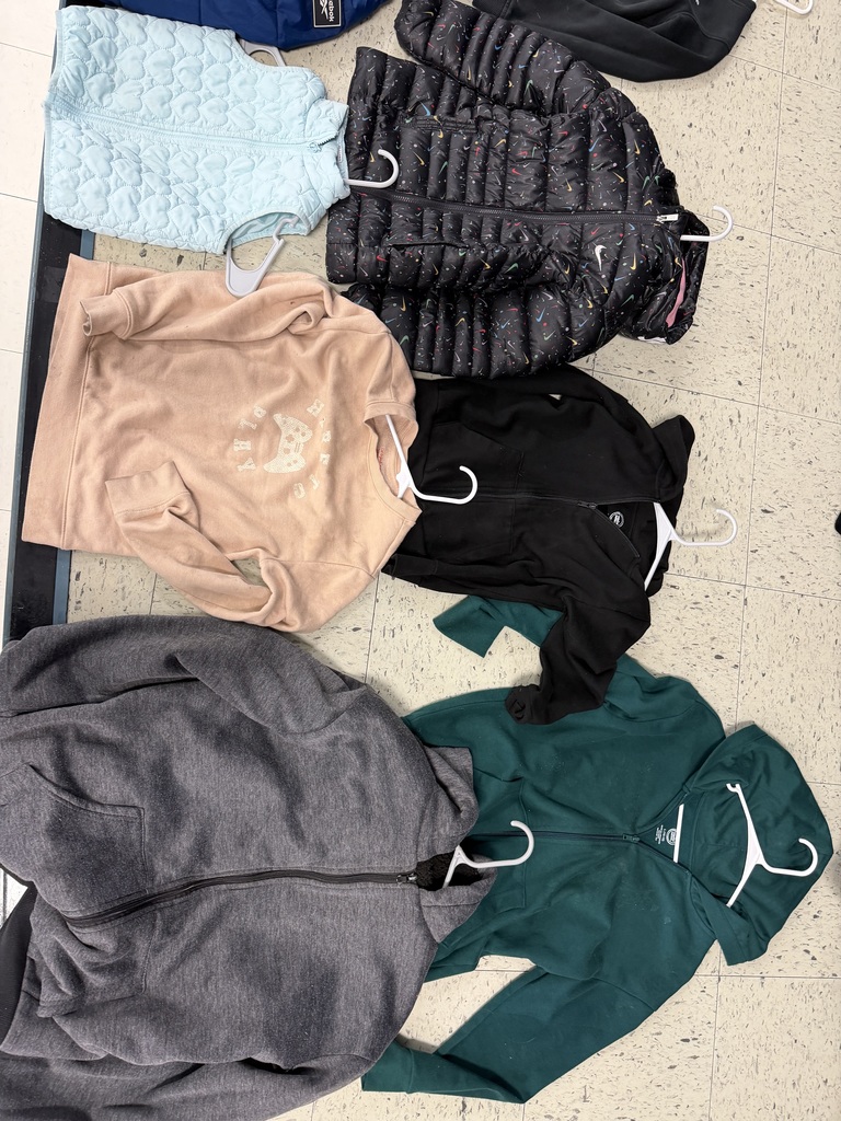 A collection of kids' outerwear: a light blue quilted vest, a black puffer jacket with multi-colored Nike swooshes, a tan sweatshirt with a controller graphic, a black zip-up hoodie, a dark grey fleece zip-up, and a forest green zip-up hoodie.