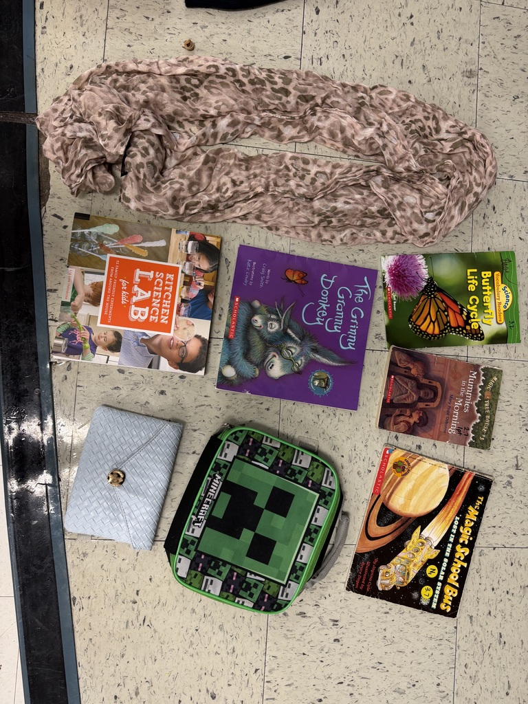 A collection of miscellaneous items on a tiled floor: a leopard print scarf, five children's books (including Magic School Bus and Butterfly Life Cycle), a light blue woven clutch, and a green Minecraft lunch box.