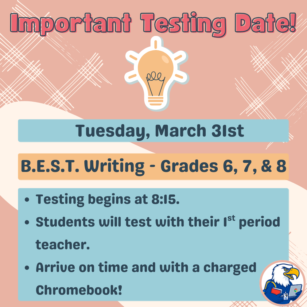Graphic with the heading “Important Testing Date!” in large red letters. Below is a lightbulb icon. The date reads “Tuesday, March 31st.” Text states: “B.E.S.T. Writing – Grades 6, 7, & 8.” Additional details: “Testing begins at 8:15. Students will test with their 1st period teacher. Arrive on time and with a charged Chromebook!” An eagle mascot holding a laptop appears in the bottom right corner. Background is peach with teal and tan accent shapes.