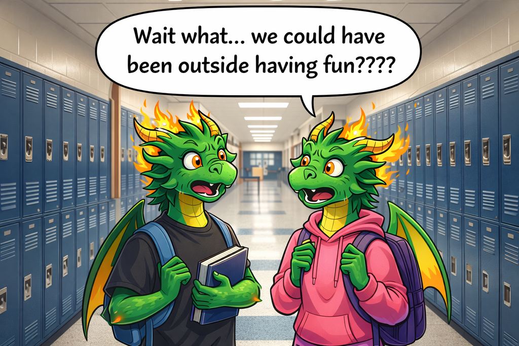 Cartoon illustration of two green teenage dragons standing in a school hallway lined with blue lockers. One dragon holds books and wears a backpack, while the other wears a hoodie and backpack. Both have surprised expressions. A speech bubble above them reads, “Wait what… we could have been outside having fun????”