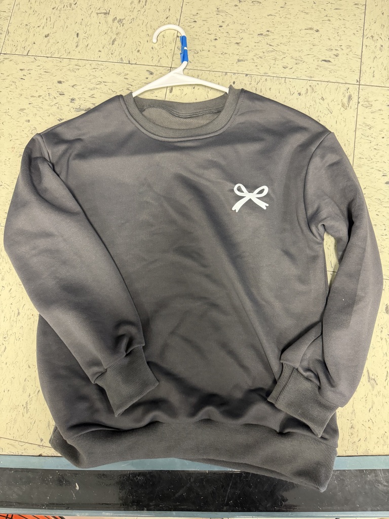 A close-up of a single dark grey, crewneck sweatshirt on a white plastic hanger. The sweatshirt features a small, simple white bow graphic printed on the upper left chest area.