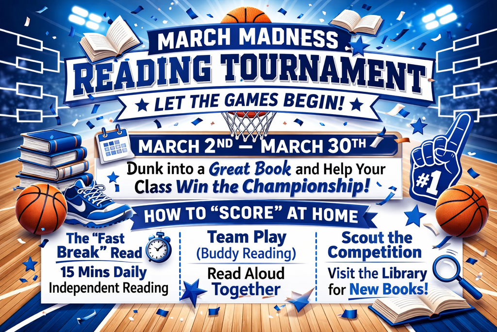 March Madness reading tournament graphic that shows text in white and blue with a basketball court in the background.
