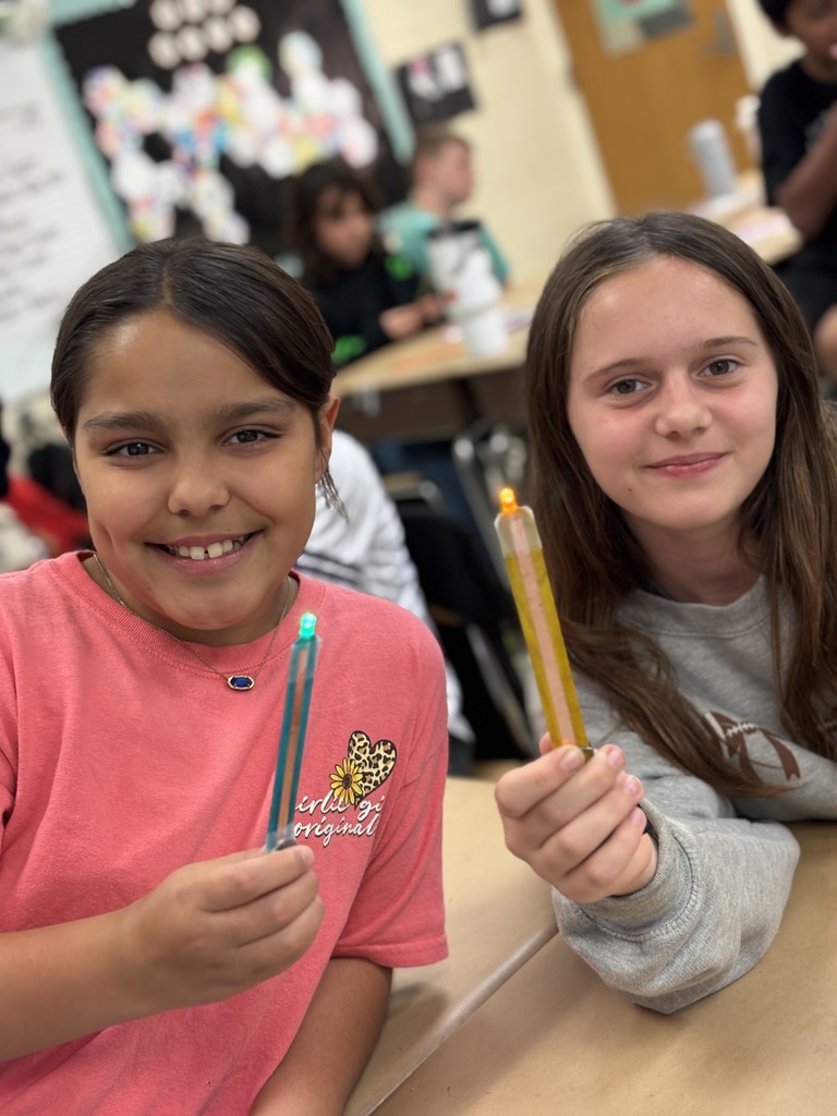 During science block, Mrs. Cook’s 5th graders spent time investigating and illustrating how electricity flows through a closed circuit (a complete loop) by creating their own popsicle stick flashlights!