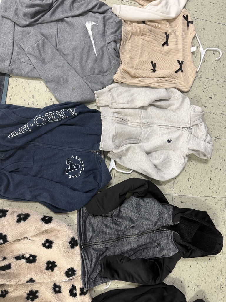 An assortment of jackets and sweaters featuring a grey Nike hoodie, a navy Aeropostale zip-up, a light grey Polo Assn. zip-up hoodie, a grey and black color-blocked fleece, and a cream-colored fleece jacket with a black floral pattern. Most items are on white plastic hangers.