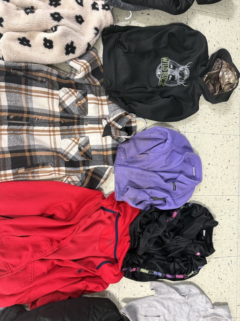 Various outwear items including a brown and white plaid flannel jacket, a black "Wild Buck Hunting Club" hoodie, a bright red zip-up jacket, a purple Columbia fleece, and black Puma athletic pants with colorful logo taping along the sides.