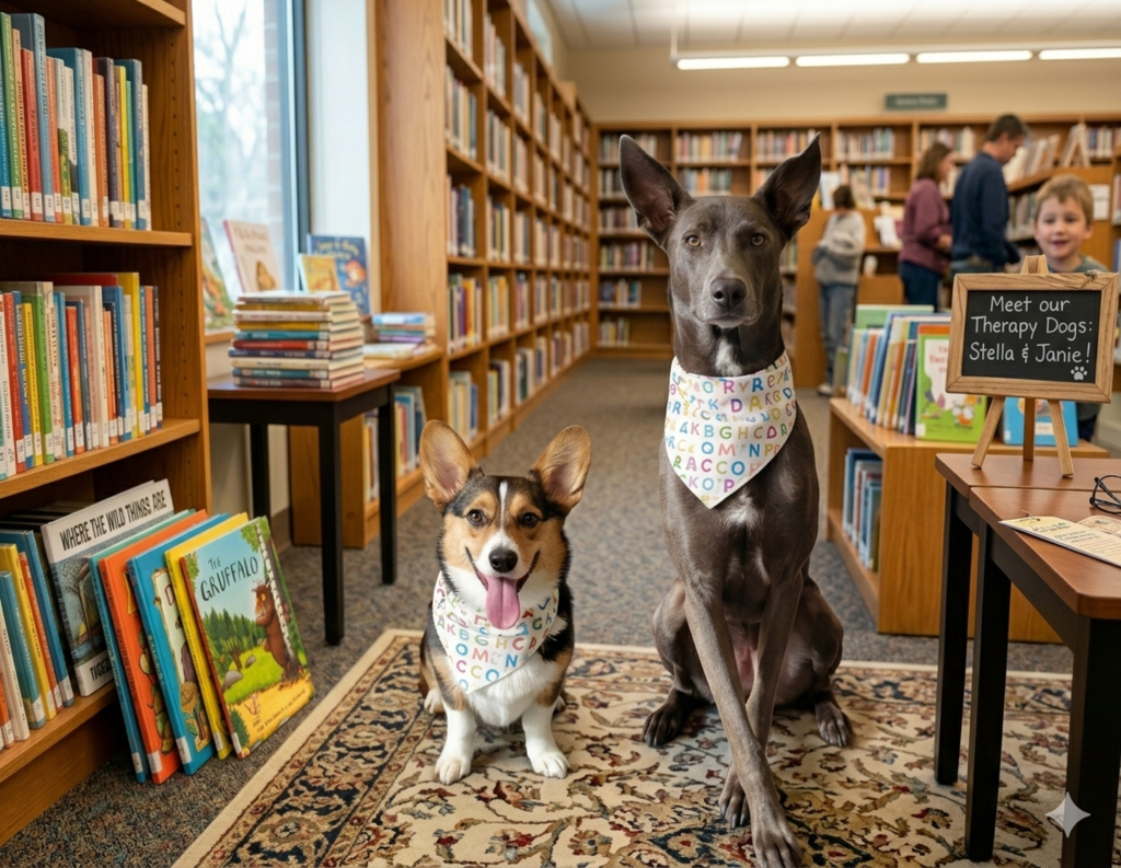 Stella and Janie hanging out in the library waiting for their turn to read a book!