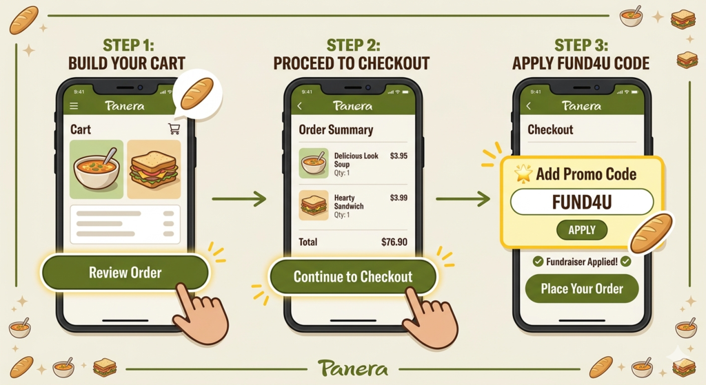 A clean, illustrated infographic with three simplified smartphone screens showing the checkout process in the Panera Bread app, using greens, creams, and warm browns. Step-by-step guides are highlighted with arrows.