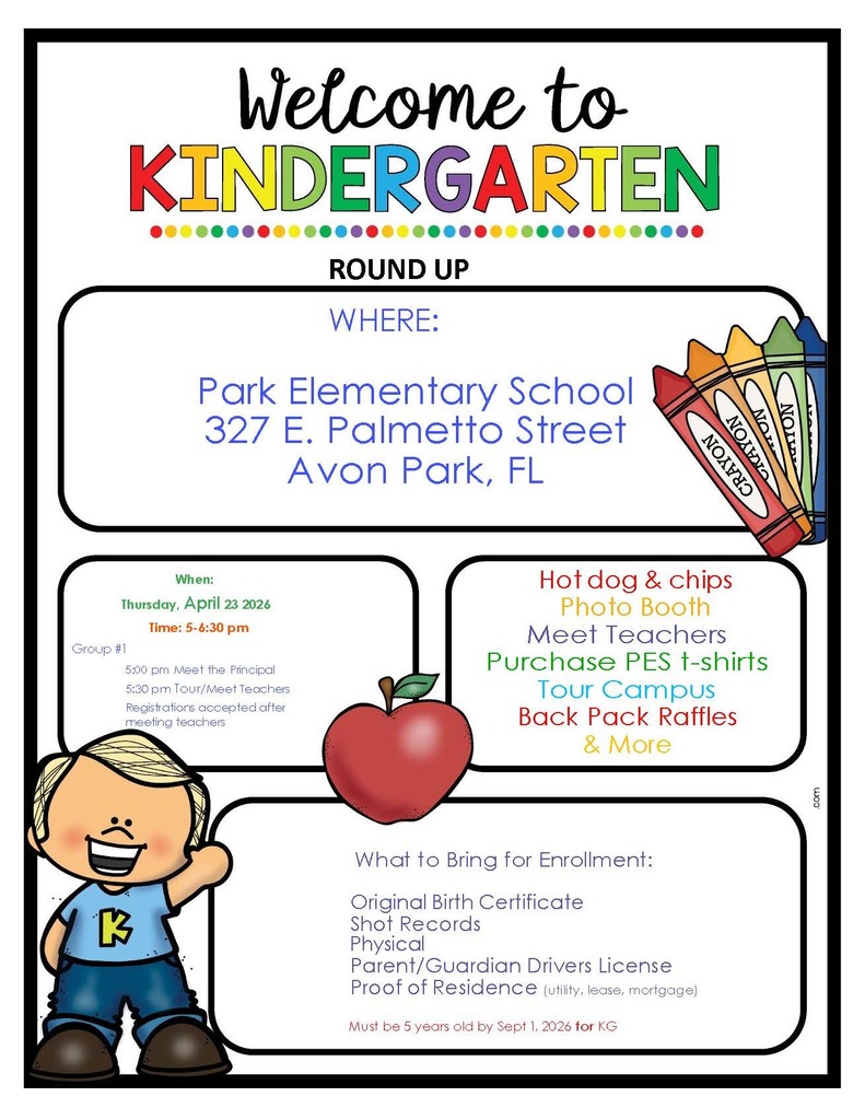Flyer of Park Elem School's Welcome to Kindergarten Night, all information is in the post.