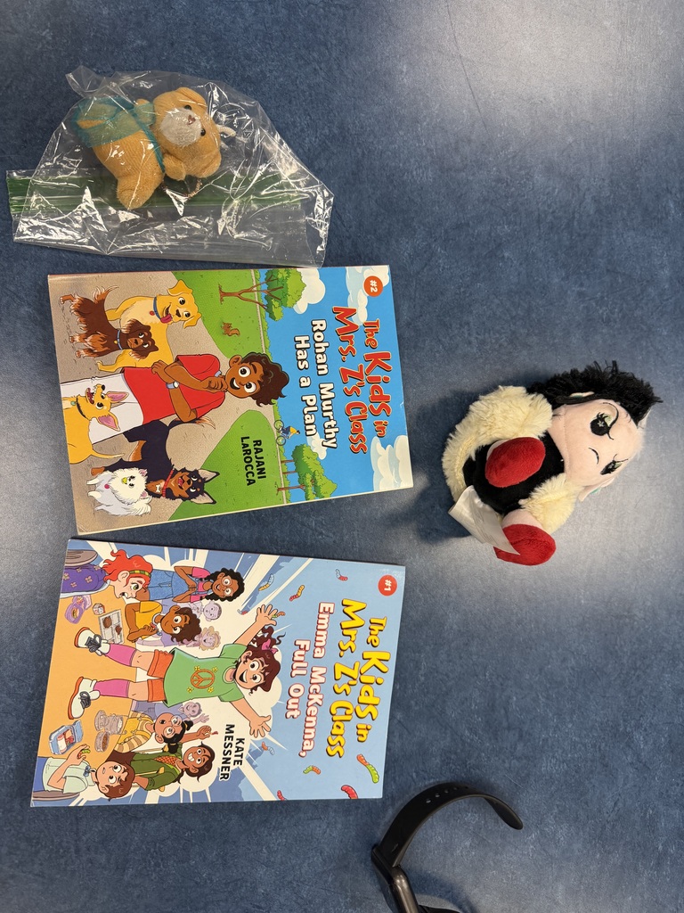 Two children’s books from "The Kids in Mrs. Z’s Class" series, a small tan plush dog in a plastic bag, and a Cruella de Vil Tsum Tsum plush on a blue surface.
