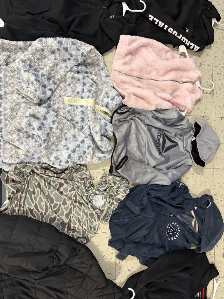 A collection of outerwear featuring a grey and blue patterned fleece, a pink faux-fur vest, a grey Reebok hoodie, a camouflage hoodie, and a navy Aeropostale zip-up hoodie.