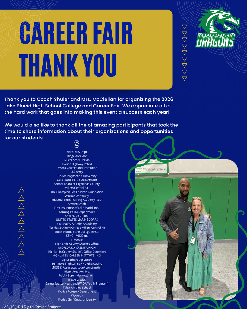 Blue and gold graphic reading “Career Fair Thank You” with Lake Placid High School Dragons logo. Text thanks Coach Shuler, Mrs. McClellan, and participants for organizing the 2026 College and Career Fair. A long list of organizations is included. Bottom right shows two smiling adults posing in a gym, one giving a thumbs-up. Green decorative accents frame the layout.