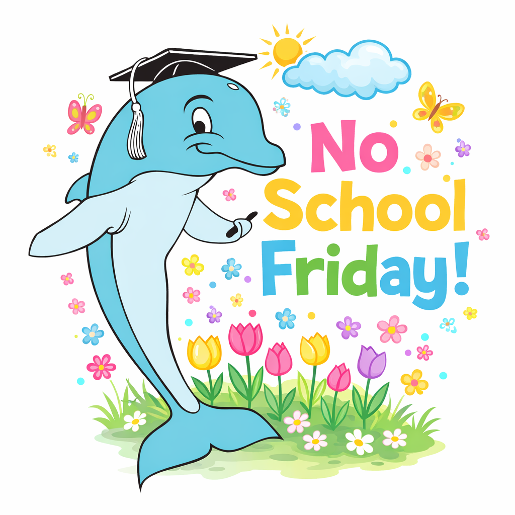 Decorative school announcement image featuring a smiling cartoon dolphin mascot wearing a graduation cap. The dolphin stands among colorful spring flowers with butterflies, a sun, and a cloud in the background. Large, bright text reads “No School Friday!”