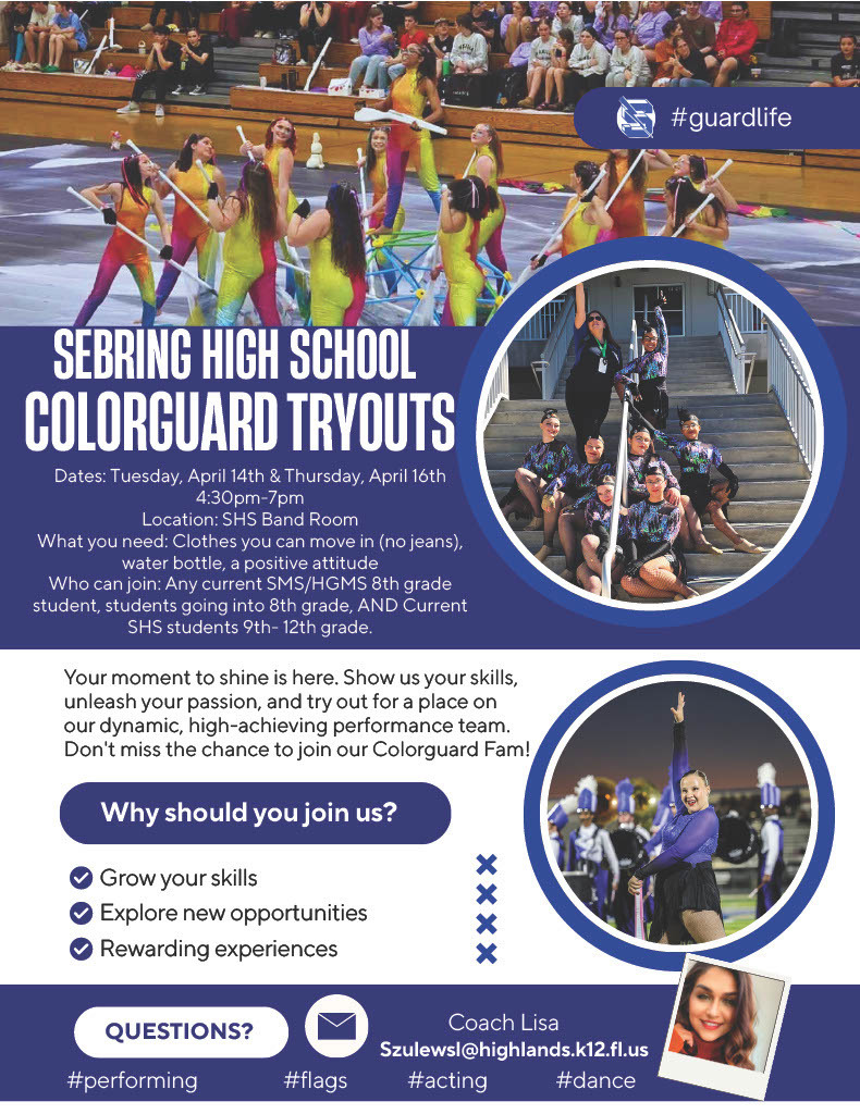 Color Guard Tryouts, all flyer information is in the post.