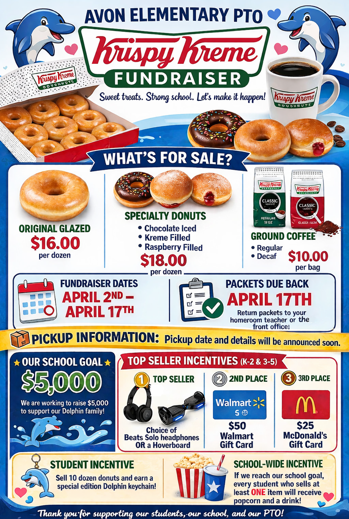 Avon Elementary PTO Krispy Kreme fundraiser flyer with a dolphin theme. The flyer advertises donut and coffee sales, including original glazed donuts for $16 per dozen, specialty donuts (chocolate iced, kreme filled, raspberry filled) for $18 per dozen, and ground coffee (regular or decaf) for $10 per bag. Fundraiser runs April 2–April 17, with order forms due April 17; pickup details will be announced later. The school’s goal is $5,000. Incentives include prizes for top sellers (headphones or hoverboard, $50 Walmart gift card, $25 McDonald’s gift card), a dolphin keychain for students who sell 10 dozen, and a school-wide reward of popcorn and a drink if the goal is reached. Decorative images show donuts, coffee, and cartoon dolphins.