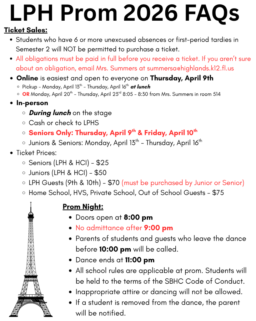 Flyer titled “LPH Prom FAQs” with sections for Ticket Sales, Ticket Prices, and Prom Night rules. It lists purchasing options, pickup times, senior-only dates, pricing tiers, and expectations for attendance, behavior, and attire. An Eiffel Tower graphic appears on the left.
