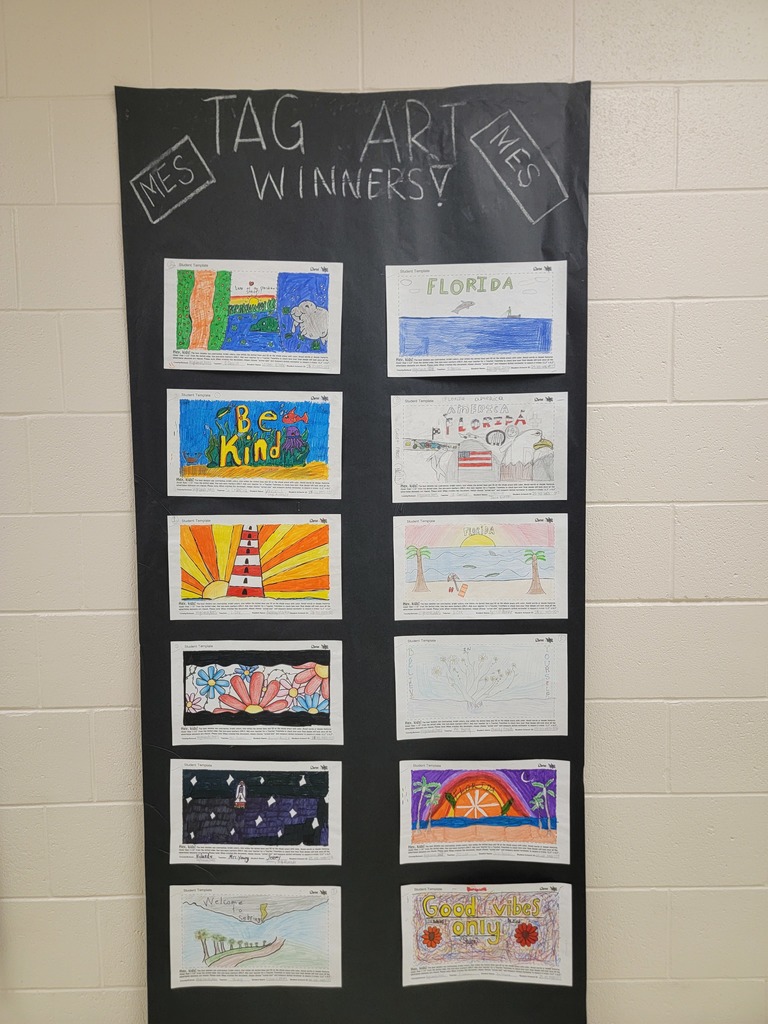 MES students art work displayed on walls and in cabinets.