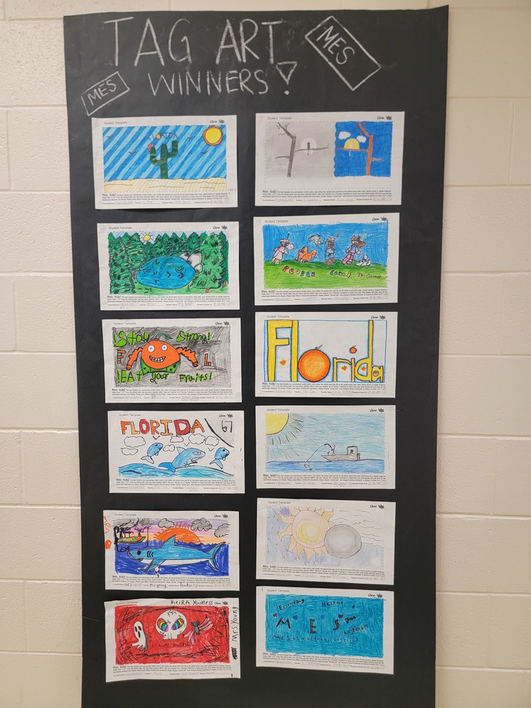 MES students art work displayed on walls and in cabinets.