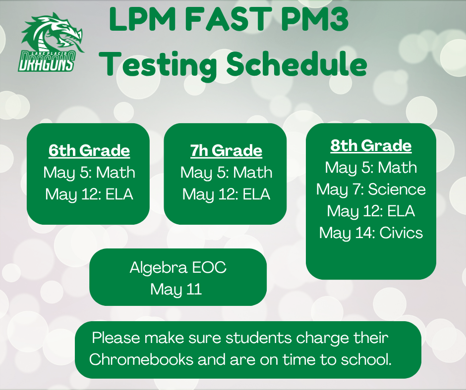 Lake Placid Middle School graphic titled “LPM FAST PM3 Testing Schedule” with a green and white design and dragon logo. The schedule lists testing dates by grade level.  6th Grade: May 5 – Math; May 12 – ELA. 7th Grade: May 5 – Math; May 12 – ELA. 8th Grade: May 5 – Math; May 7 – Science; May 12 – ELA; May 14 – Civics. Algebra EOC: May 11.  A reminder at the bottom reads: “Please make sure students charge their Chromebooks and are on time to school.”
