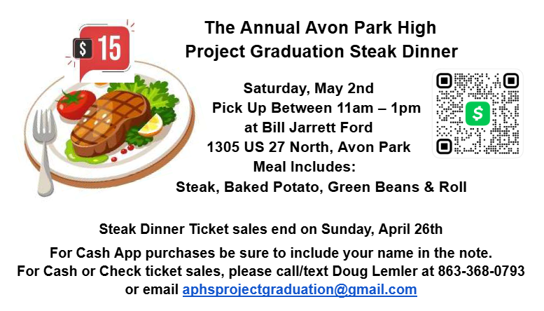 Steak dinner placard for Project Graduation.