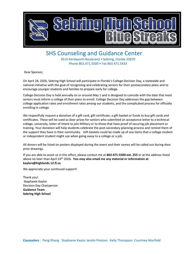 A formal donation request letter from Sebring High School for College Decision Day 2026. The document features the "Blue Streaks" logo and asks sponsors for gift cards, baskets, or funds for senior door prizes. It includes contact details for Stephanie Kaylor and a donation deadline of April 24, 2026.