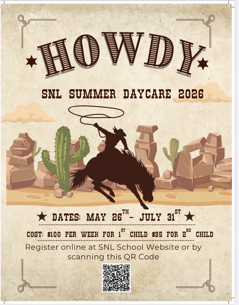 SNL Summer Daycare 2026. Date May 26th through July 31st. Coster per week is $100 and for second child is $95. Sign up by scanning the QR code.