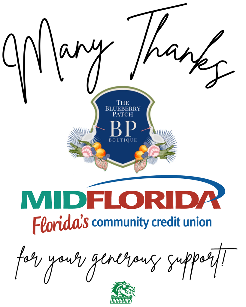 Graphic with the words “Many Thanks” in large script at the top. Centered logos for The Blueberry Patch BP Boutique and MidFlorida Credit Union with the tagline “Florida’s community credit union.” Text below reads “for your generous support!” A small Lake Placid High School Green Dragons logo appears at the bottom.