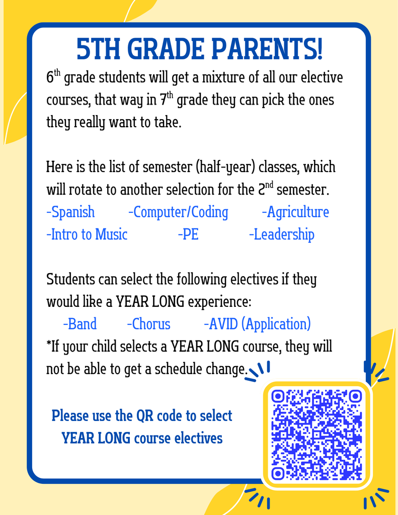 An educational flyer for 5th-grade parents regarding 6th-grade electives. It lists semester-long options like Spanish, Coding, and Agriculture, alongside year-long choices including Band, Chorus, and AVID. A QR code is provided for course selection, and a note mentions that year-long courses cannot be changed.