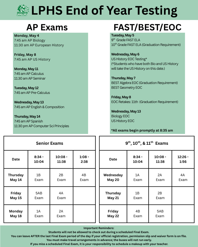 Graphic titled “LPHS End of Year Testing” with green and white school branding and dragon logo. It outlines AP exam dates (May 4–14), FAST/BEST/EOC testing (May 5–13, all at 8:35 a.m.), and final exam schedules. Senior exams run May 14–18, and 9th–11th grade exams run May 20–22, with multiple class periods listed each day. A reminder at the bottom notes no early checkout during exams, dismissal allowed after the last exam with proper documentation, no early buses, and makeups must be scheduled with teachers.