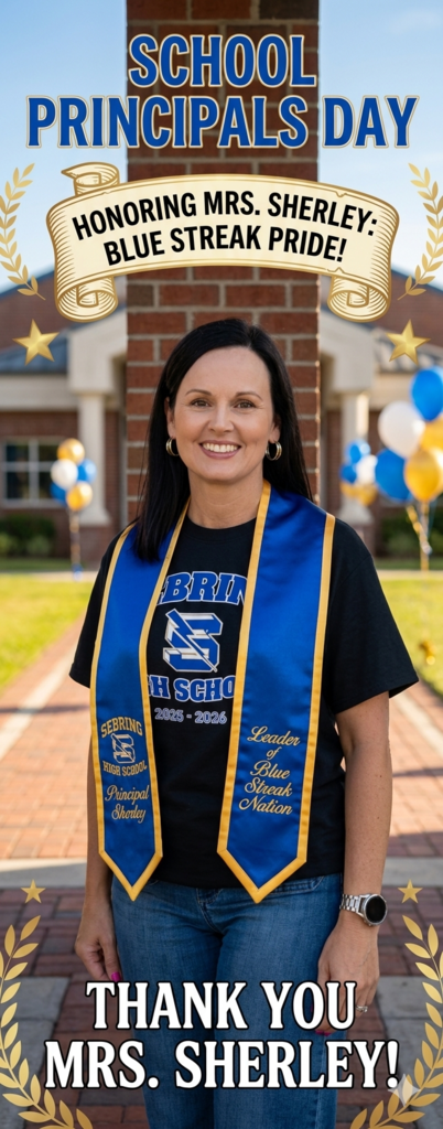 A vertical celebratory poster for School Principals Day featuring Mrs. Sherley of Sebring High School. She stands outdoors in a blue sash and "Blue Streak" shirt. Text reads "Honoring Mrs. Sherley: Blue Streak Pride!" and "Thank You Mrs. Sherley!" accented by gold laurels, stars, and blue and gold balloons.