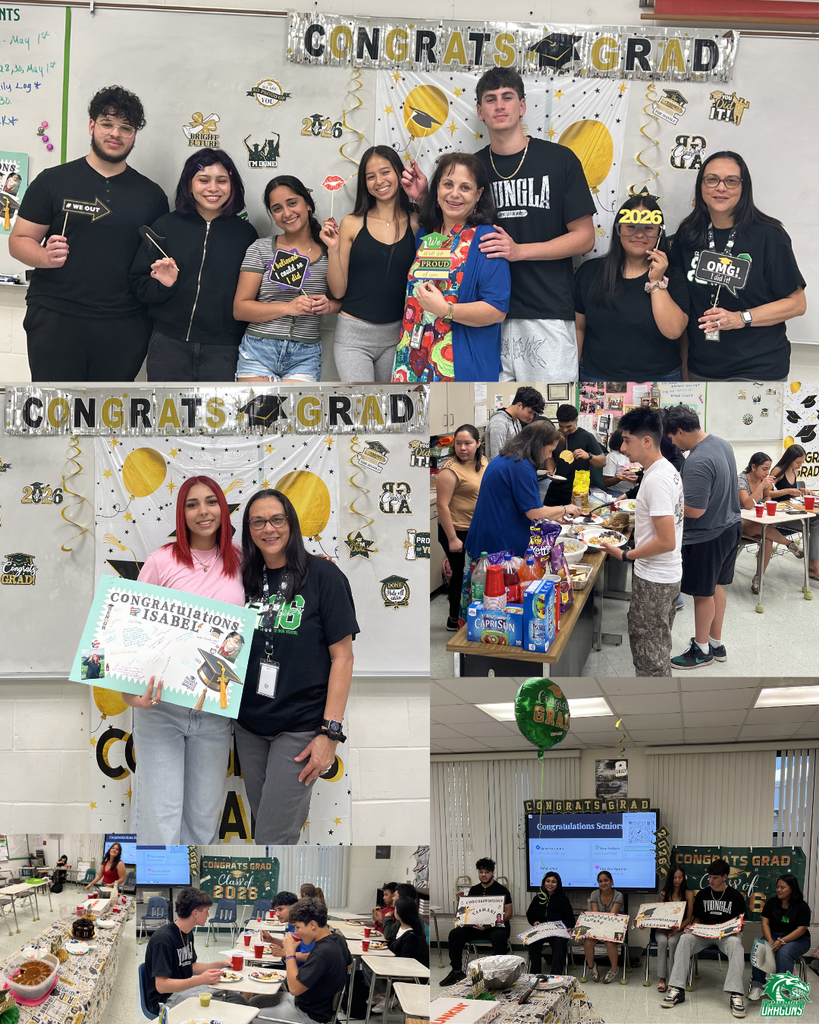 Collage of photos showing a classroom celebration for graduating ESOL students. A group of students and two teachers stand smiling in front of a “Congrats Grad” backdrop with gold and black decorations and 2026 signs, holding photo props. Another photo shows a student and teacher holding a personalized congratulations poster. Additional images show students serving themselves food from a table with snacks and drinks, sitting together eating, and a small recognition setup with balloons and a screen reading “Congratulations Seniors.” Students appear happy and engaged, celebrating their achievement.