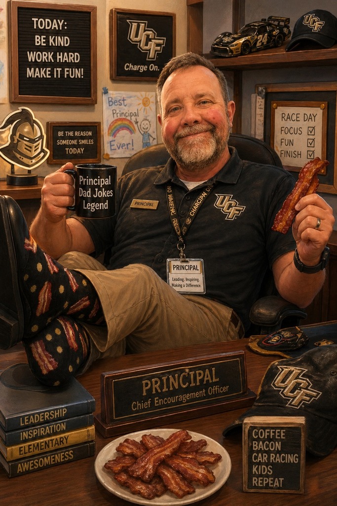 Funny photo of Mr. Kogelschats sitting in office with Dad Jokes coffee mug, eating bacon.
