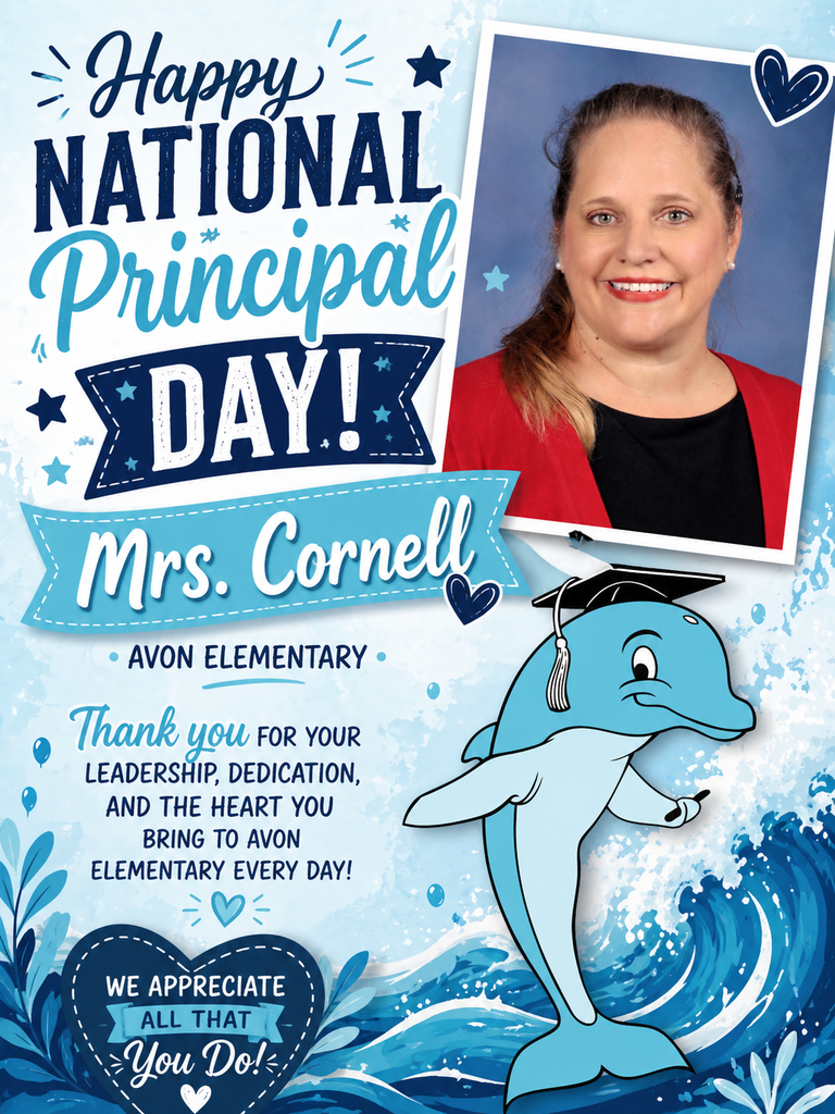 A blue-themed National Principal Day graphic featuring a portrait of a smiling woman identified as Mrs. Cornell, wearing a red cardigan over a black top. The text reads, “Happy National Principal Day! Mrs. Cornell” and “Avon Elementary.” A message thanks her for her leadership, dedication, and the heart she brings to the school every day. The design includes stars, hearts, and ocean wave elements, along with a cartoon dolphin wearing a graduation cap. A heart-shaped badge at the bottom reads, “We appreciate all that you do!”