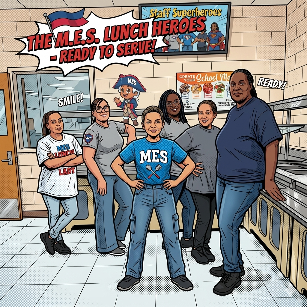 A colorful, comic-style graphic celebrating School Lunch Hero Day at Memorial Elementary. Six cafeteria staff members stand together in a school kitchen, posed confidently like superheroes. A banner reads, “The M.E.S. Lunch Heroes – Ready to Serve!” Additional text in the scene includes “Staff Superheroes Lunch Heroes,” “Smile!” and “Ready!” The image features a cartoon school mascot and kitchen equipment in the background. The staff are shown smiling and standing proudly, highlighting their important role in preparing and serving meals to students.