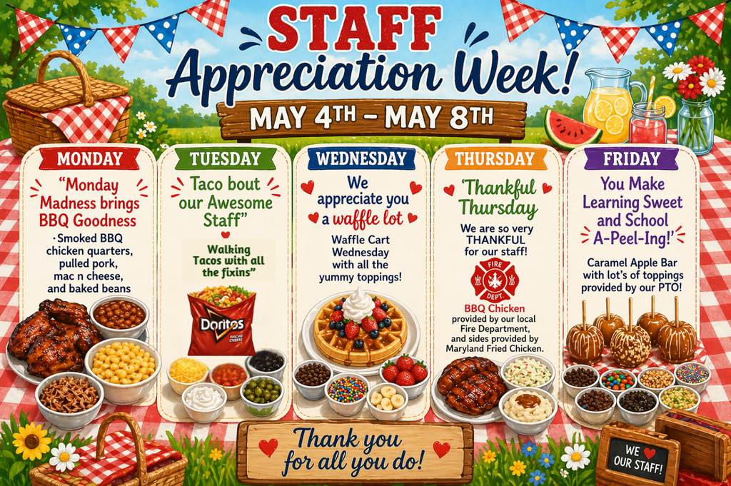 Colorful poster announcing “Staff Appreciation Week, May 4th–May 8th” with a picnic-themed design featuring food, drinks, and decorations. The schedule lists daily themes and meals: Monday—BBQ lunch with smoked chicken, pulled pork, mac and cheese, and baked beans; Tuesday—“Taco ’bout our Awesome Staff” with walking tacos; Wednesday—“We appreciate you a waffle lot” with a waffle cart and toppings; Thursday—“Thankful Thursday” with BBQ chicken provided by the local fire department and sides; Friday—“You Make Learning Sweet and School A-Peel-Ing!” with a caramel apple bar. The bottom reads, “Thank you for all you do!”