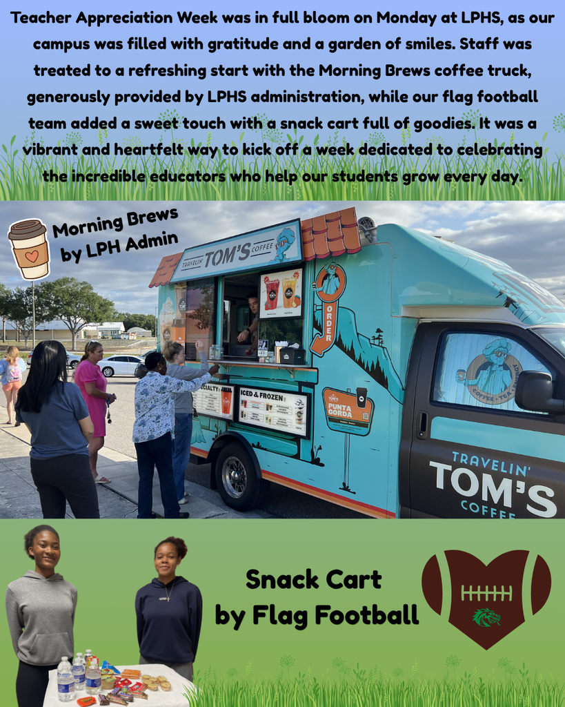 Graphic celebrating Teacher Appreciation Week at LPHS. The top section features a blue sky and green grass border with a message about the week starting Monday with gratitude and smiles. The middle photo shows staff members standing outside and ordering drinks from a teal “Travlin’ Tom’s Coffee” truck labeled “Morning Brews by LPHS Admin.” The bottom section shows two students standing behind a table with snacks and drinks, labeled “Snack Cart by Flag Football,” alongside a football graphic. The overall design uses a blooming garden theme with greenery accents throughout.