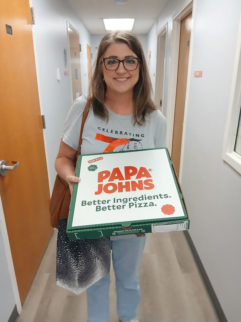 AES Staff with their Papa John's lunch today for Staff Appreciation Week.