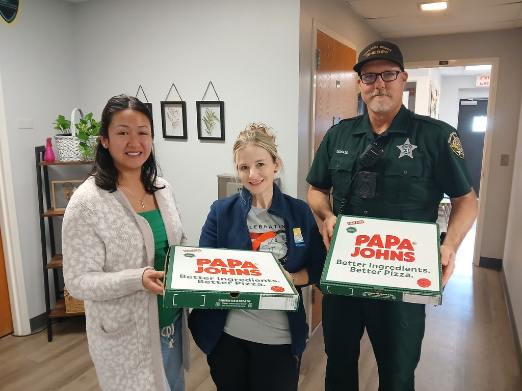 AES Staff with their Papa John's lunch today for Staff Appreciation Week.