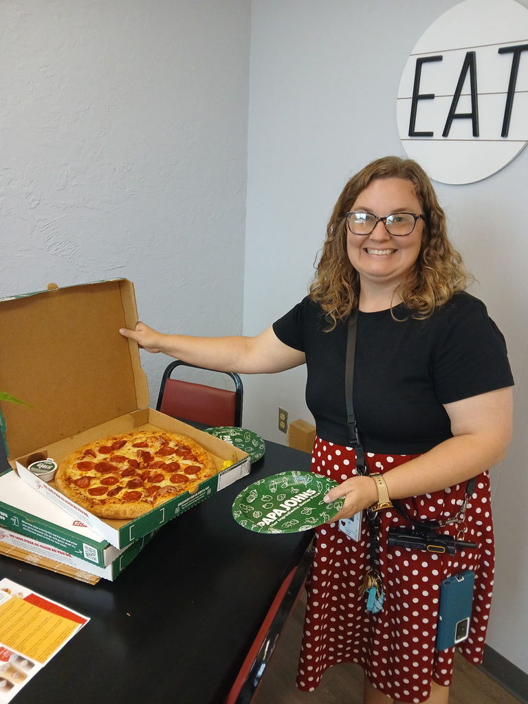 AES Staff with their Papa John's lunch today for Staff Appreciation Week.