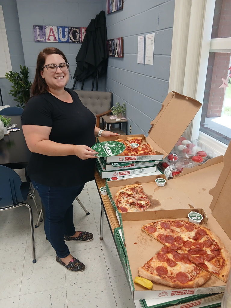AES Staff with their Papa John's lunch today for Staff Appreciation Week.
