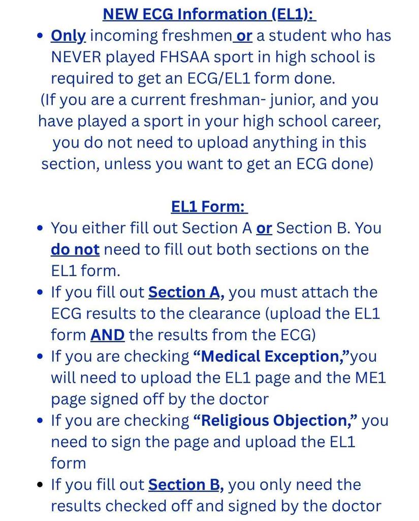 This text-based image explains ECG requirements for Sebring High School athletes. Only incoming freshmen or new FHSAA players must submit form EL1. It details how to complete Section A (with ECG results) or Section B (doctor’s signature), including medical or religious exemption protocols.