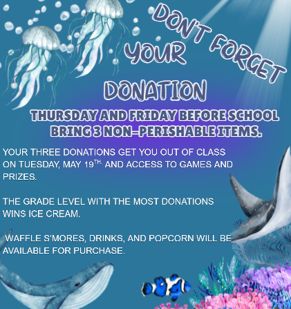 Alt text: Blue ocean-themed donation flyer with jellyfish, whales, coral, and fish. Large text says “Don’t Forget Your Donation.” Students should bring 3 non-perishable food items Thursday and Friday before school. Donations earn a ticket out of class on Tuesday, May 19, plus access to games and prizes. The grade level with the most donations wins ice cream. Waffle s’mores, drinks, and popcorn will be sold.