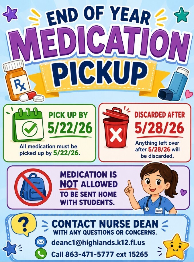 💙🐴 Attention Mustang Families 🐴💙 This is a reminder that all student medication must be picked up from the school clinic by Friday, May 22, 2026. 🚫 Medication cannot be sent home with students. 🗑️ Any medication remaining at school after May 28, 2026 will be properly discarded according to district guidelines. If you have any questions or concerns, please contact Nurse Dean at Cracker Trail Elementary at 863-471-5777. Thank you for your cooperation and helping us keep our Mustangs safe and healthy! 💙