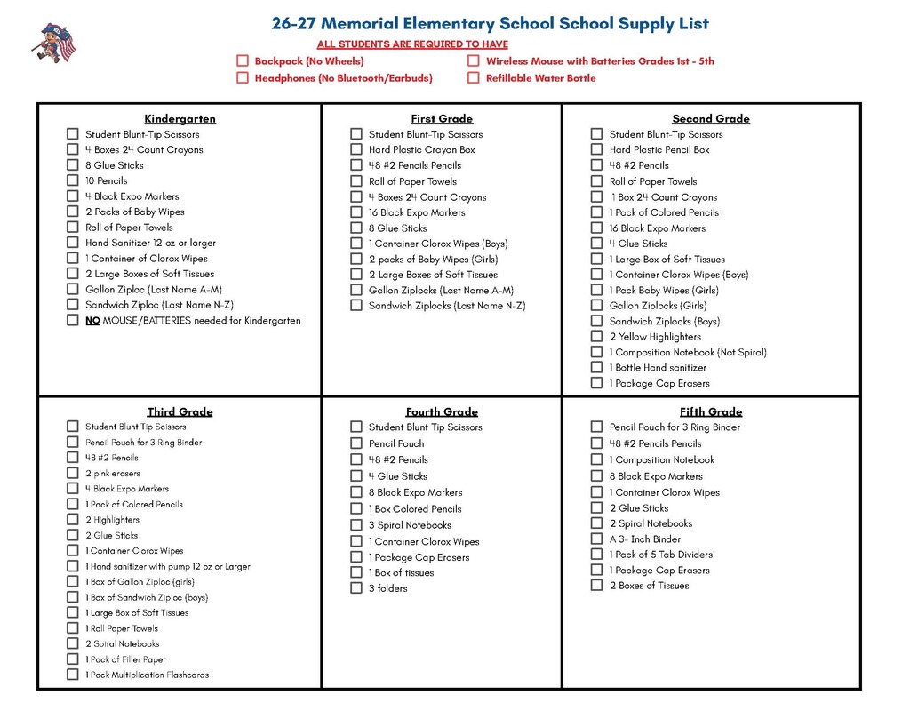26-27 MES Supply List - Memorial Elementary School 2026–2027 school supply list for Kindergarten through fifth grade. All students are required to have a backpack with no wheels, headphones with no Bluetooth or earbuds, a refillable water bottle, and students in grades 1–5 need a wireless mouse with batteries. The list includes grade-level supplies such as scissors, crayons, pencils, glue sticks, Expo markers, paper towels, wipes, tissues, Ziploc bags, folders, notebooks, binders, pencil pouches or boxes, highlighters, erasers, hand sanitizer, filler paper, and multiplication flashcards, depending on grade level.