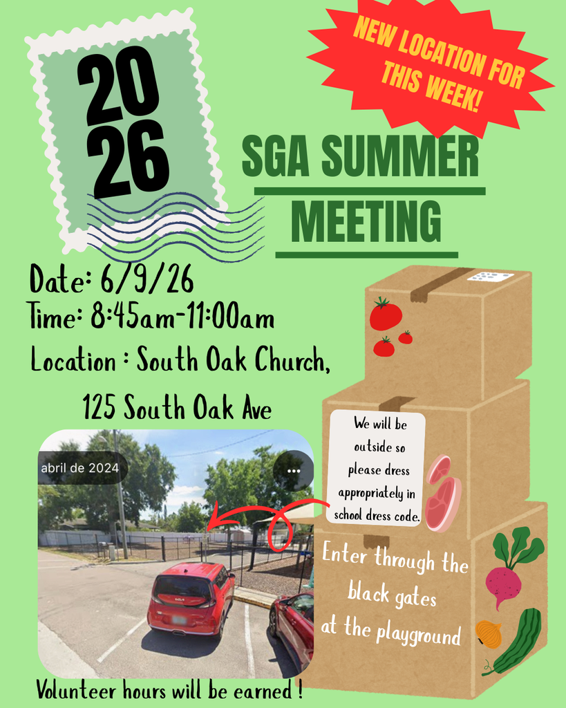Flyer promoting an SGA Summer Meeting on June 9, 2026, from 8:45 a.m. to 11:00 a.m. at South Oak Church, 125 South Oak Avenue. A red starburst announces a new location for this week. The flyer includes illustrations of stacked food donation boxes and a photo showing the entrance location, with an arrow pointing to the black gates by the playground. Text states that volunteers should enter through the black playground gates, follow the school dress code, and that volunteer service hours will be awarded. Background is light green with large “SGA Summer Meeting” text and a postage stamp-style “2026” graphic.