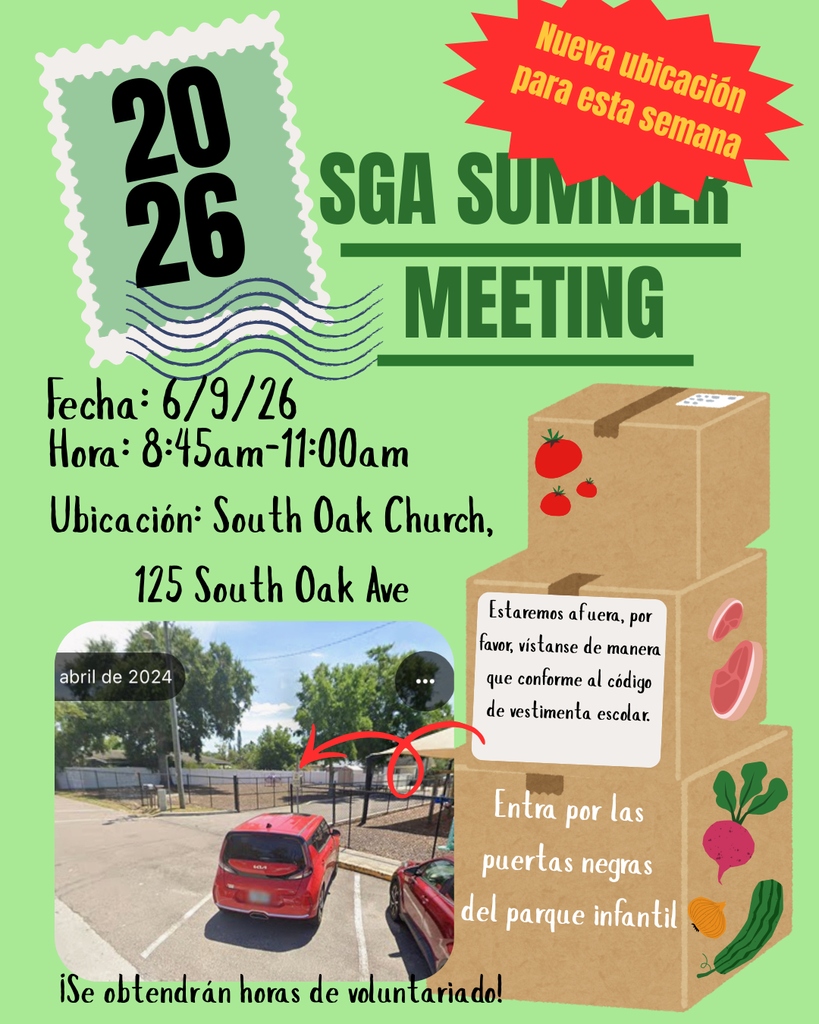 Flyer promoting an SGA Summer Meeting on June 9, 2026, from 8:45 a.m. to 11:00 a.m. at South Oak Church, 125 South Oak Avenue. A red starburst announces a new location for this week. The flyer includes illustrations of stacked food donation boxes and a photo showing the entrance location, with an arrow pointing to the black gates by the playground. Text states that volunteers should enter through the black playground gates, follow the school dress code, and that volunteer service hours will be awarded. Background is light green with large “SGA Summer Meeting” text and a postage stamp-style “2026” graphic.