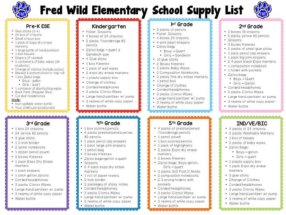 Fred Wild Elementary School Supply List